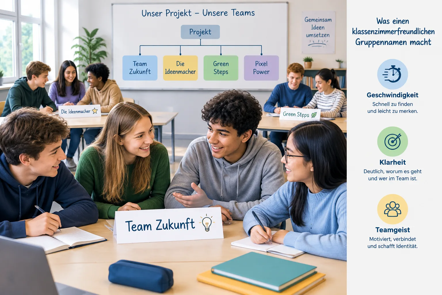 Gruppen von Schülern in einer Unterrichtssituation mit klaren Teamnamen auf Karten und einer einfach