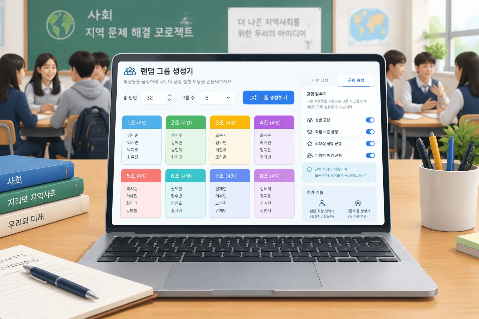 컴퓨터 화면에서 그룹 생성 도구가 여러 그룹 결과를 보여주는 교육용 웹 인터페이스 일러스트레이션