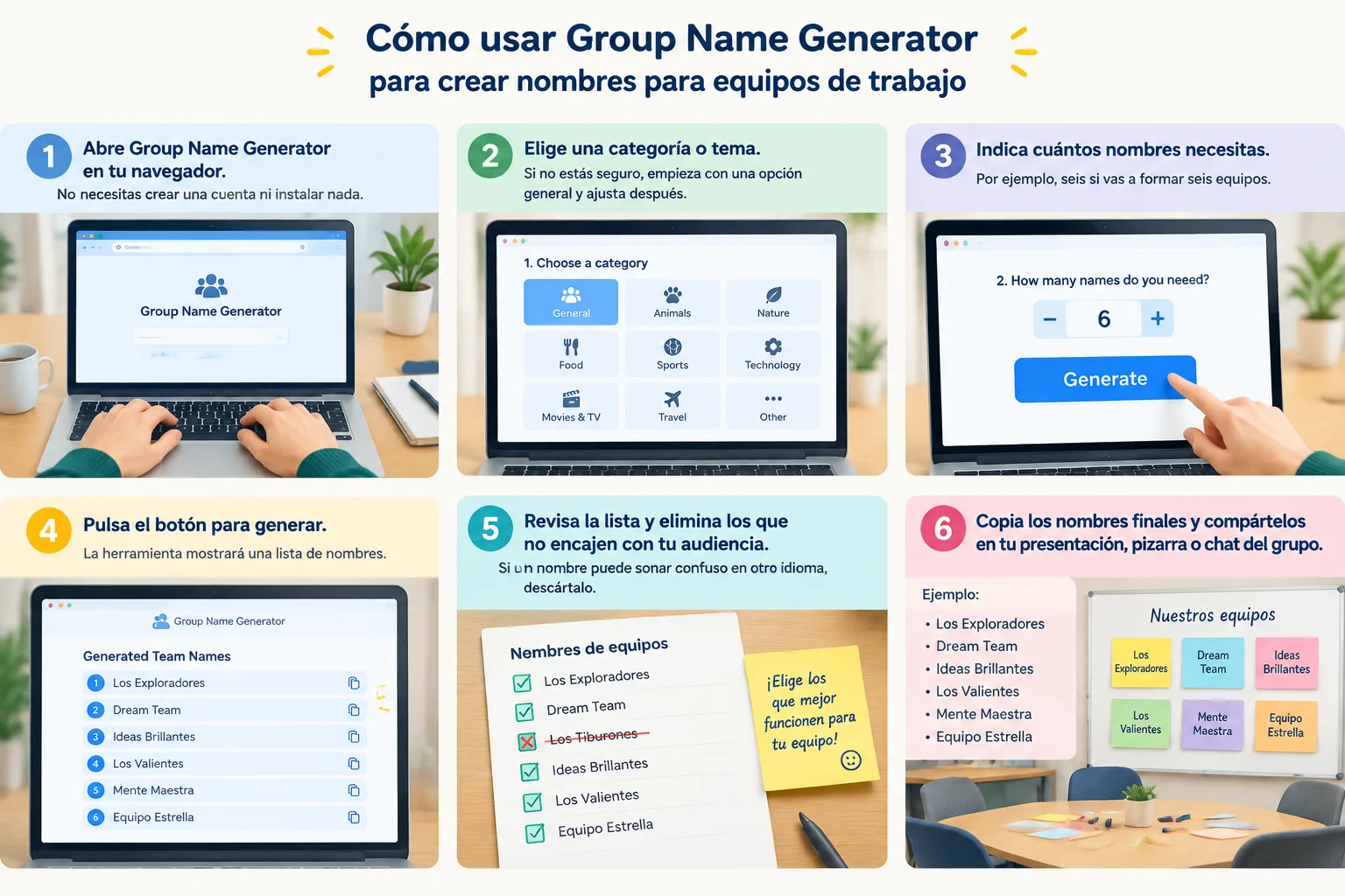 Step-by-step visual of generating team names online