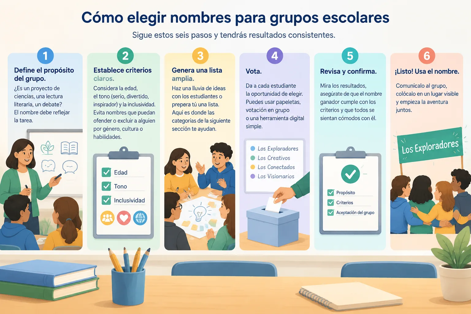 Diagrama de flujo de seis pasos para elegir nombres de grupo escolar