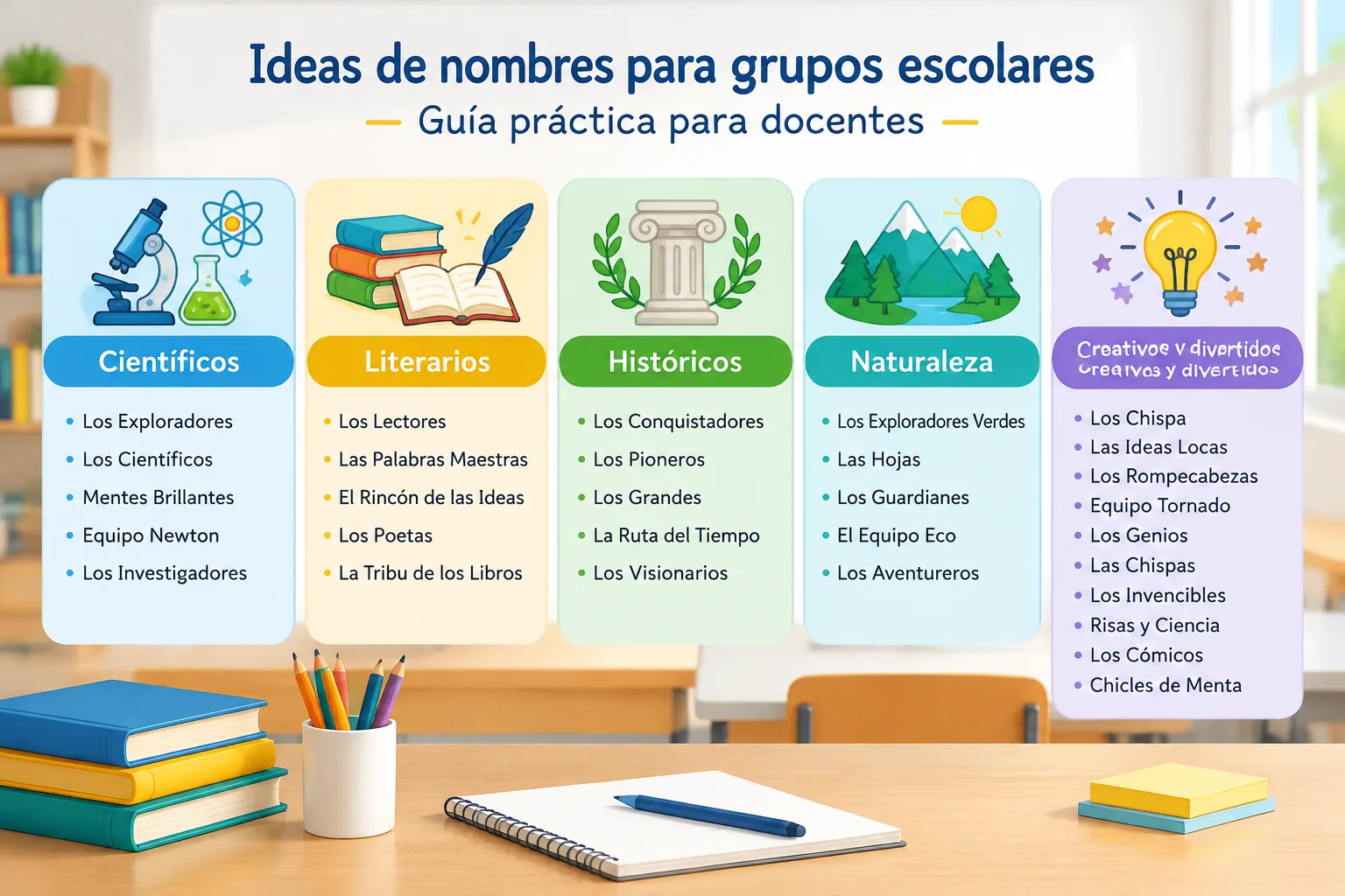 Infografía con cinco categorías de nombres para grupos escolares: científicos