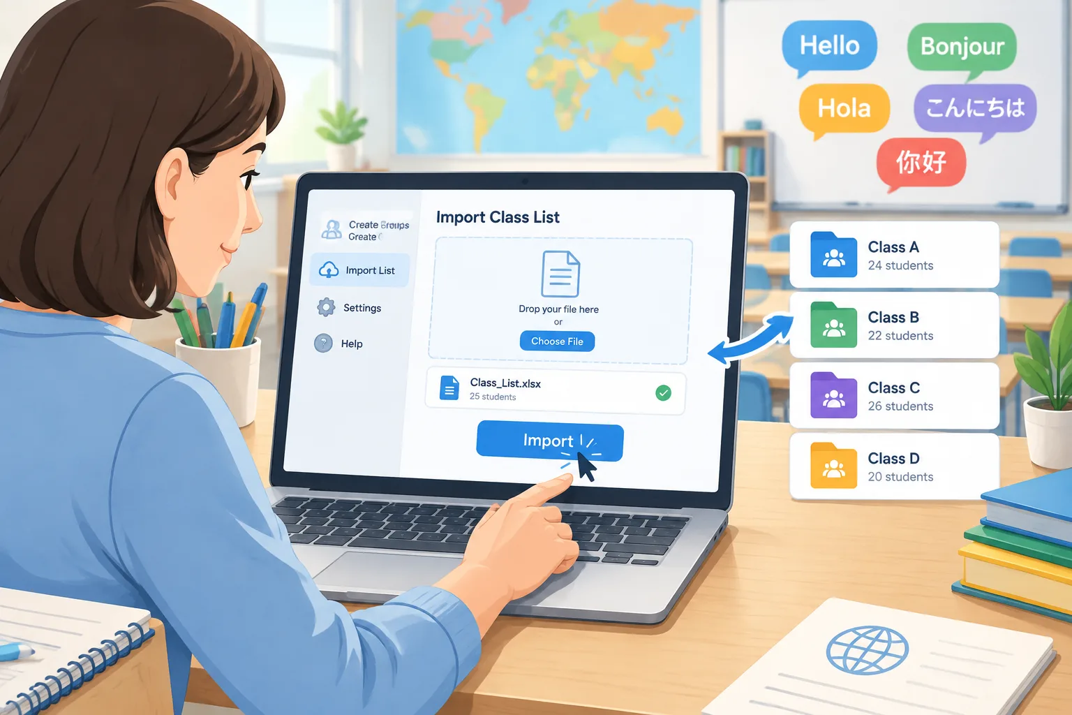 clean instructional illustration of a teacher importing a class list into a grouping tool