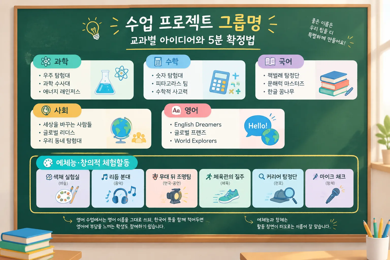 교과별 모둠 이름 아이디어를 정리한 칠판형 인포그래픽, 과학 수학 국어 사회 영어 예체능 항목별 예시 단어 카드와 화살표, 브랜드 로고 없음