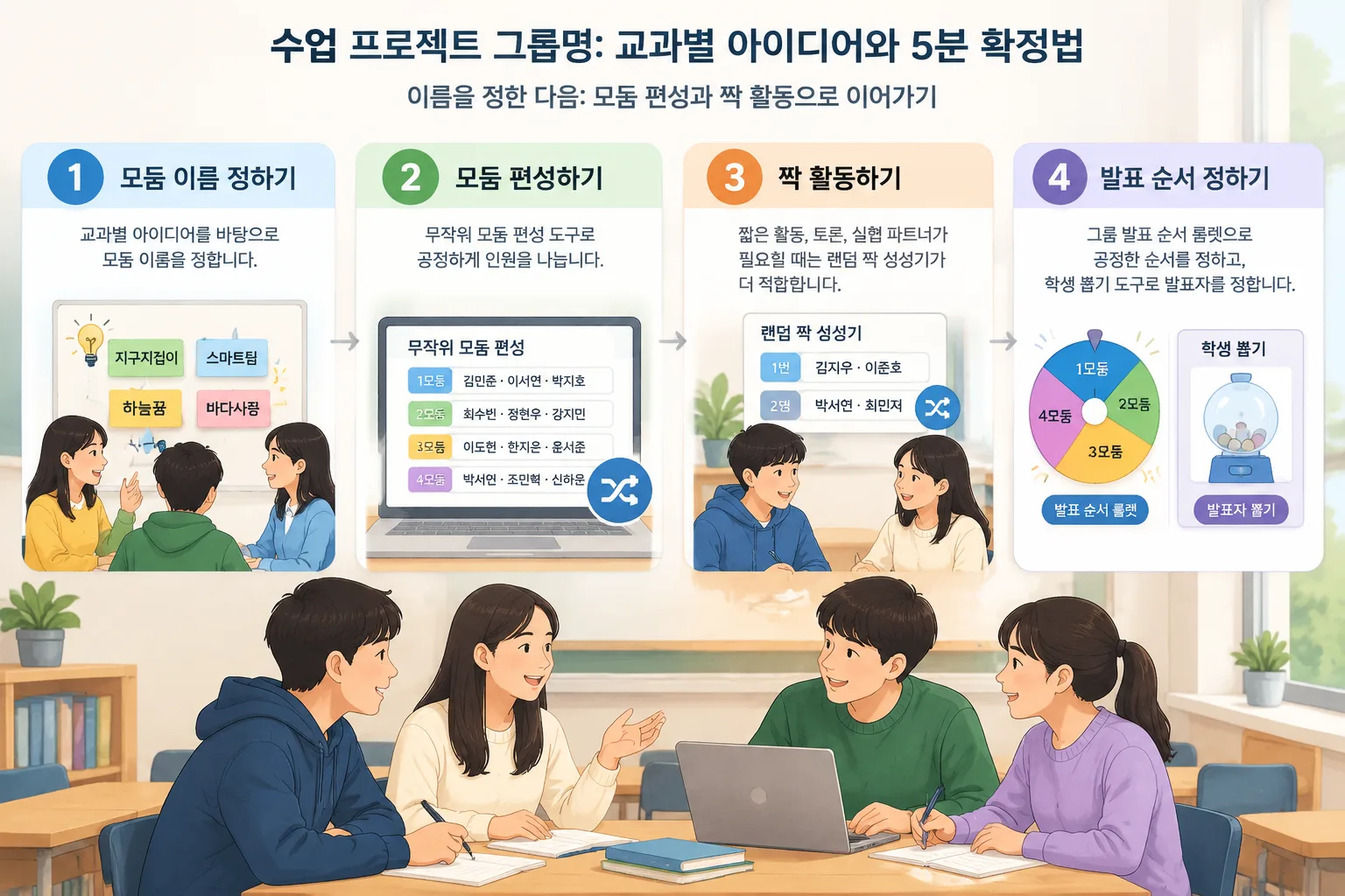 모둠 이름 정하기에서 무작위 편성, 짝 활동, 발표 순서 정하기로 이어지는 4단계 흐름도, 각 단계에 아이콘과 한 줄 설명, 브랜드 로고 없음