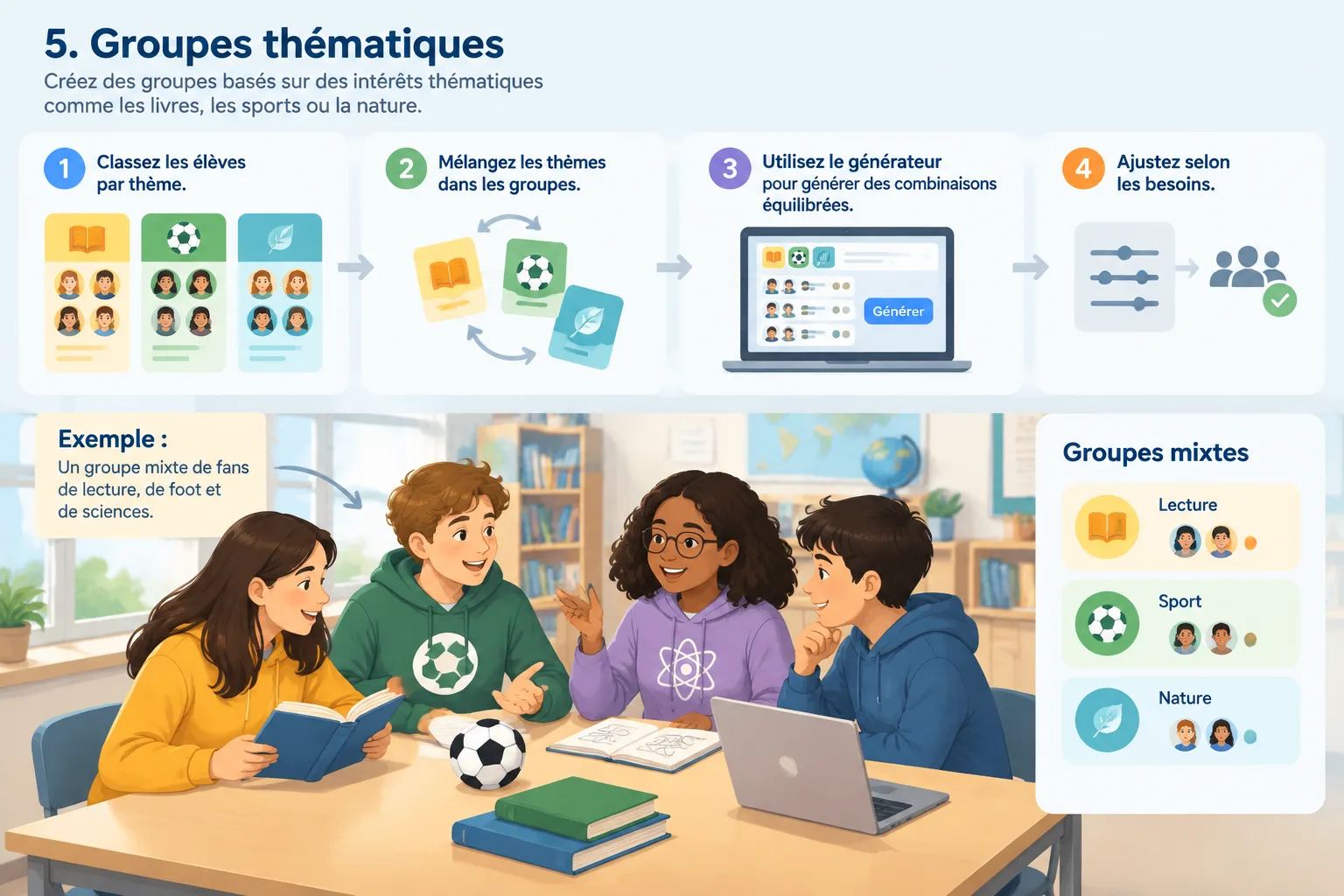 Diagramme illustrant la génération de groupes mixtes par compétences