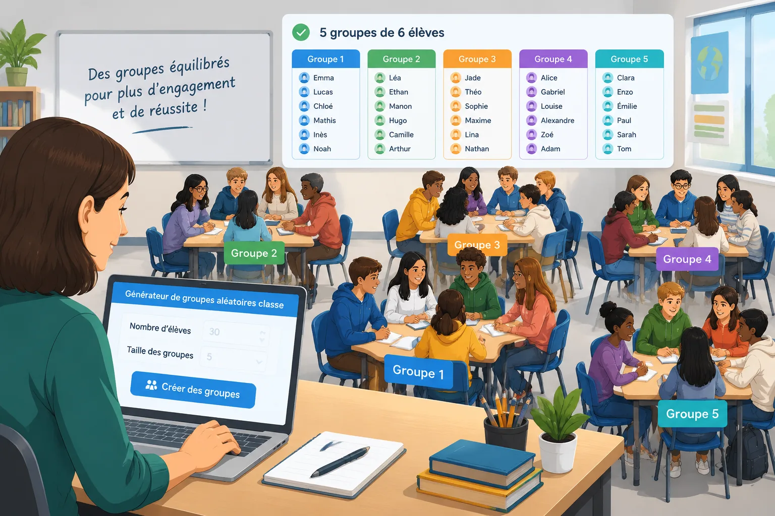 Illustration d'une classe de 30 élèves formant des groupes aléatoires équilibrés avec des outils num