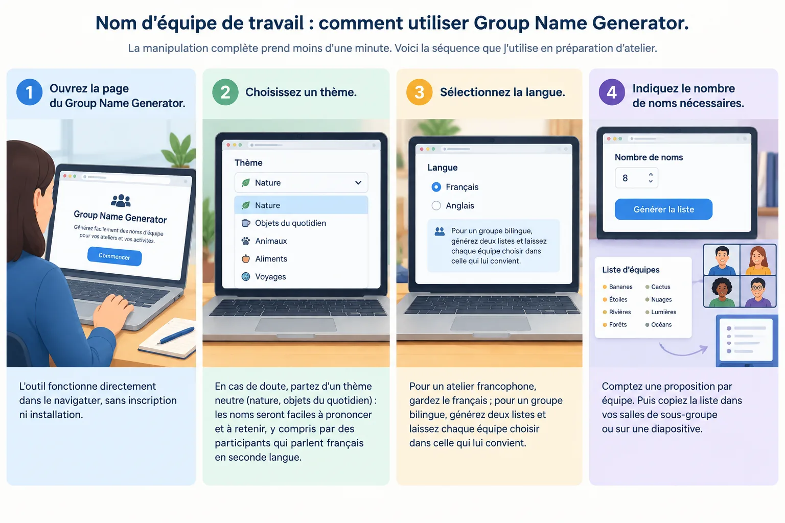 Four-step instructional diagram of the Group Name Generator workflow: choose a theme