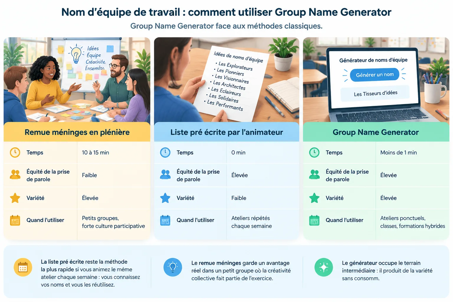 Simple three-column comparison grid of ways to name work teams: live brainstorming