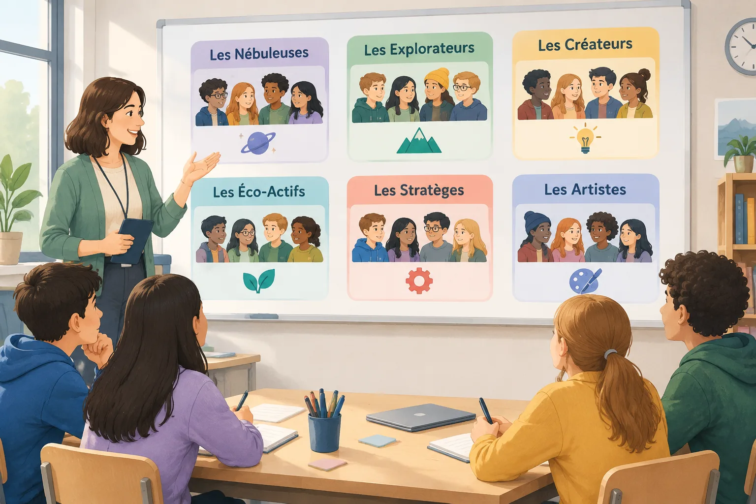 Clean instructional diagram of six classroom project teams