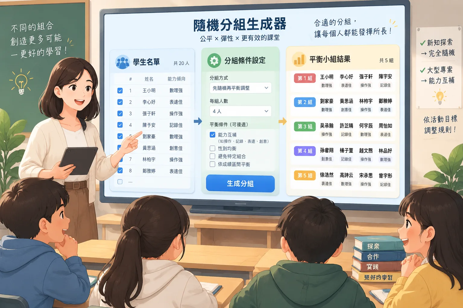 展示學生名單、分組條件設定與平衡小組結果的教學工具示意圖