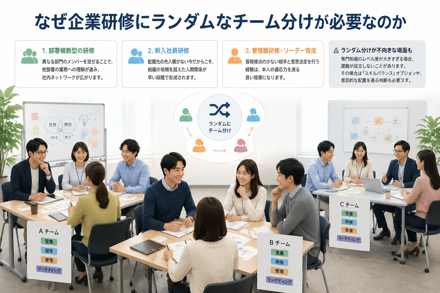 editorial article hero illustration about なぜ企業研修にランダムなチーム分けが必要なのか. Section context: 研修の目的は、知識の習得だけでなく、参加者同士の新たな関係構築や、異なる視点からの学び合いを促進することです。ところが、あらかじめ決められた座席や、同じ部署だけで固まったグループでは、その効果は半減します。 ランダムなグループ分けが研修で特に効く場面は、次の3つです。 - **部署横断型の研修**：営業、開発、管理など異なる部門のメンバーを混ぜること