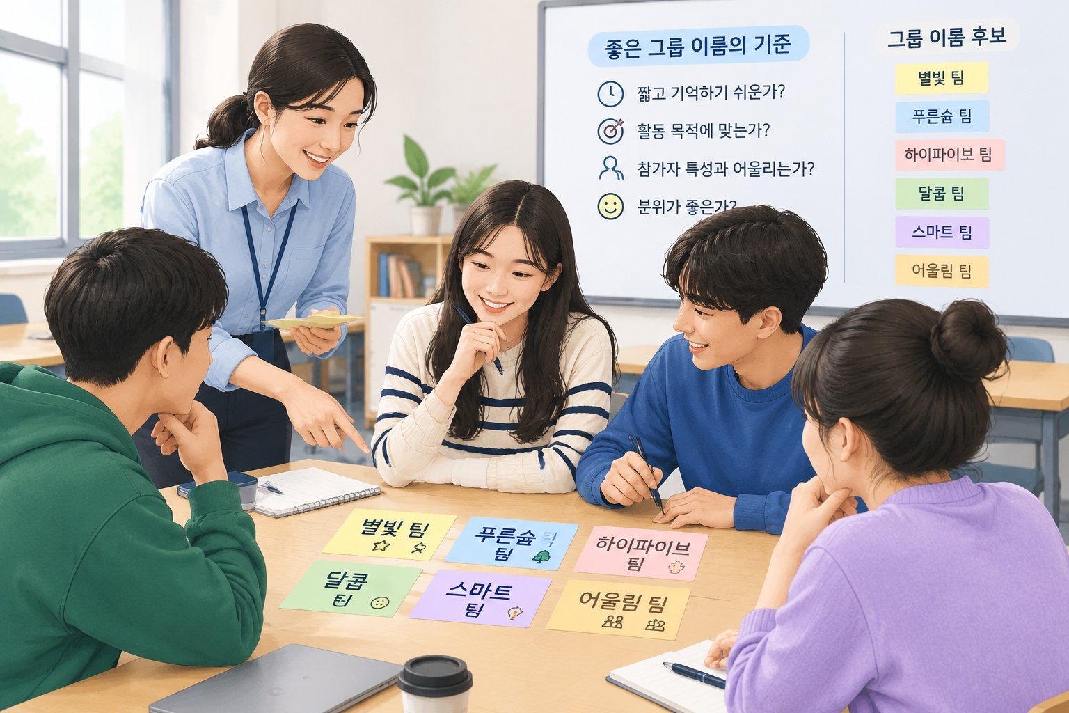 수업과 워크숍에서 여러 참가자가 간단한 기준으로 그룹 이름 후보를 고르는 과정을 보여주는 깔끔한 교육용 일러스트