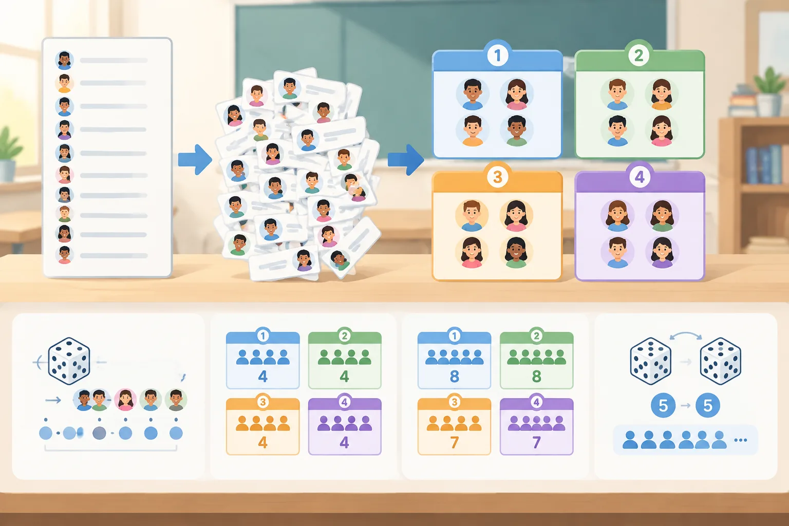 Clean instructional diagram of a class roster being shuffled into four balanced group boxes
