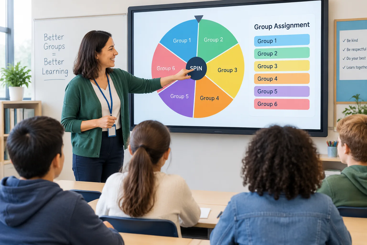 Teacher spinning a digital group wheel on a classroom screen