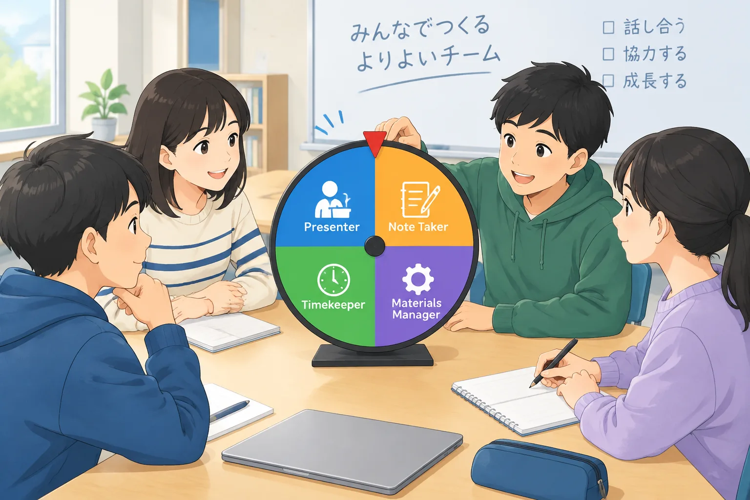 Clean instructional illustration of a classroom table