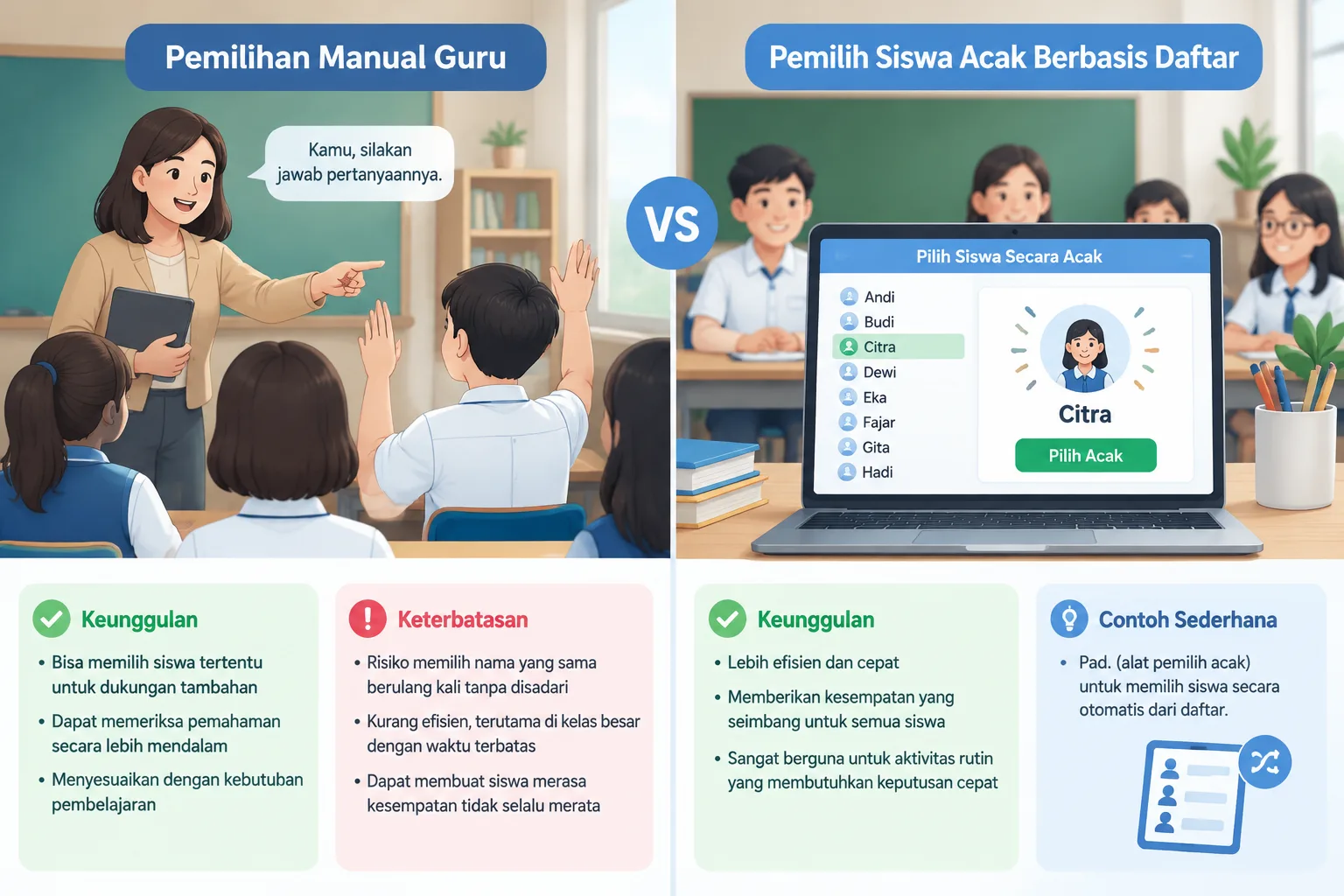 Perbandingan visual antara pemilihan manual guru dan pemilihan siswa acak berbasis daftar
