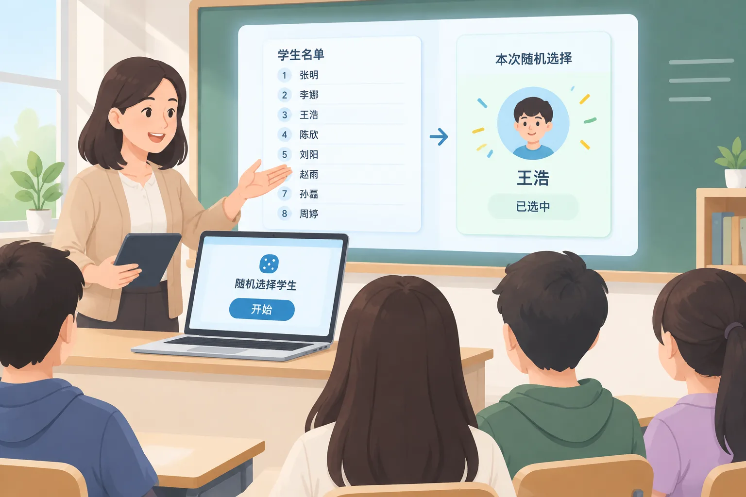 Ilustrasi diagram pemilih siswa acak dengan daftar nama peserta dan hasil pilihan yang muncul secara