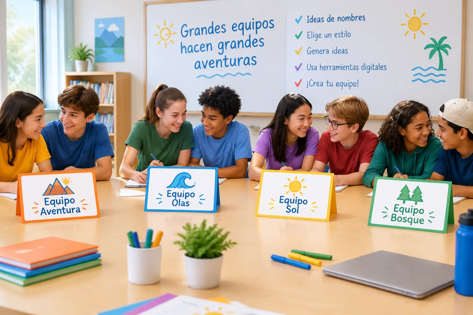 Ilustración educativa de varios equipos de verano organizados en grupos con tarjetas de nombres y sí