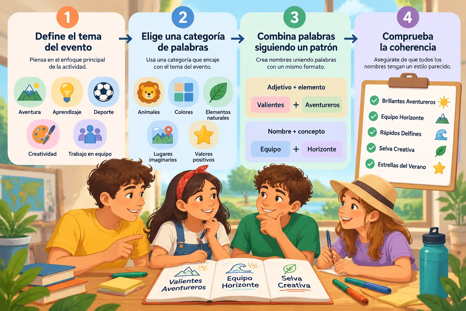 Diagrama sencillo que muestra pasos para crear nombres de equipos desde tema hasta selección final