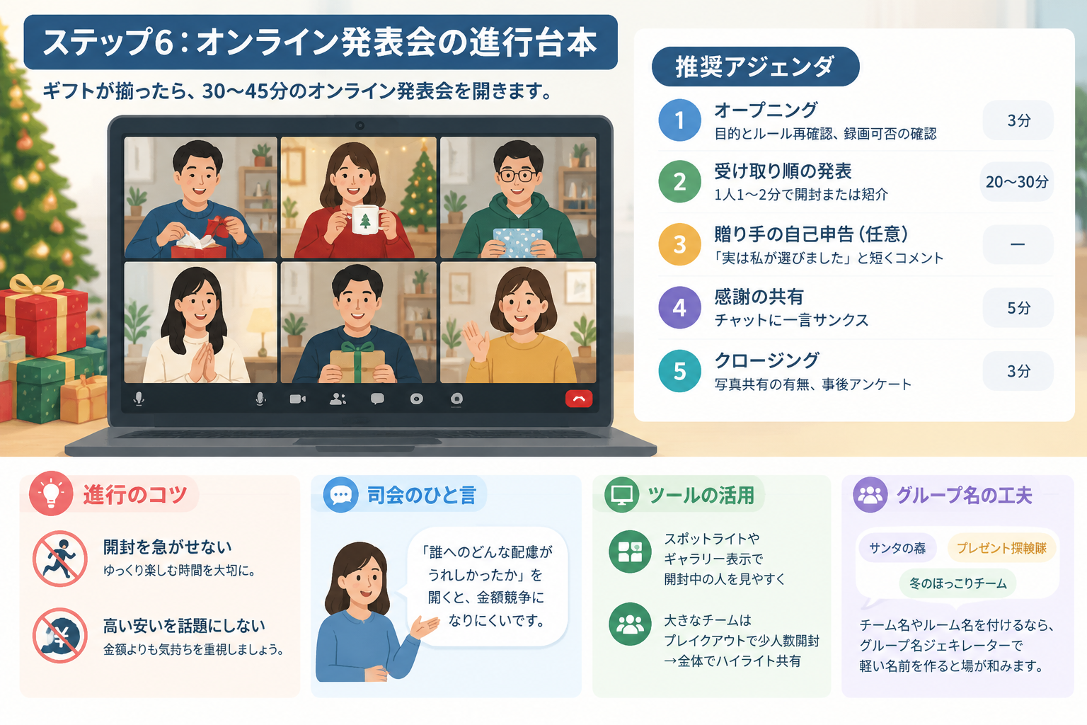 Online meeting scene wireframe showing Secret Santa reveal agenda timeline and speaking order