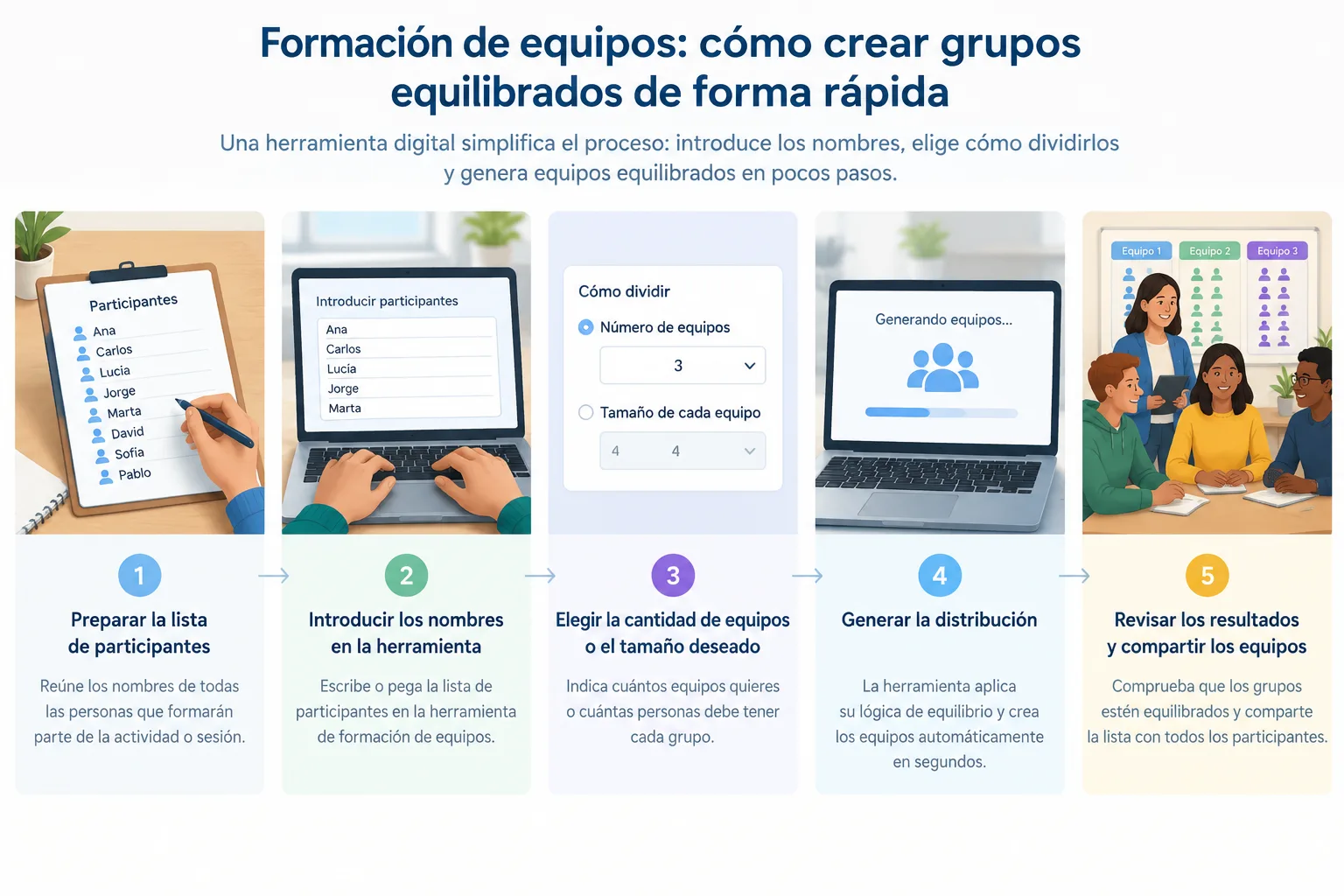 Infografía limpia con cinco pasos para introducir nombres y crear equipos equilibrados