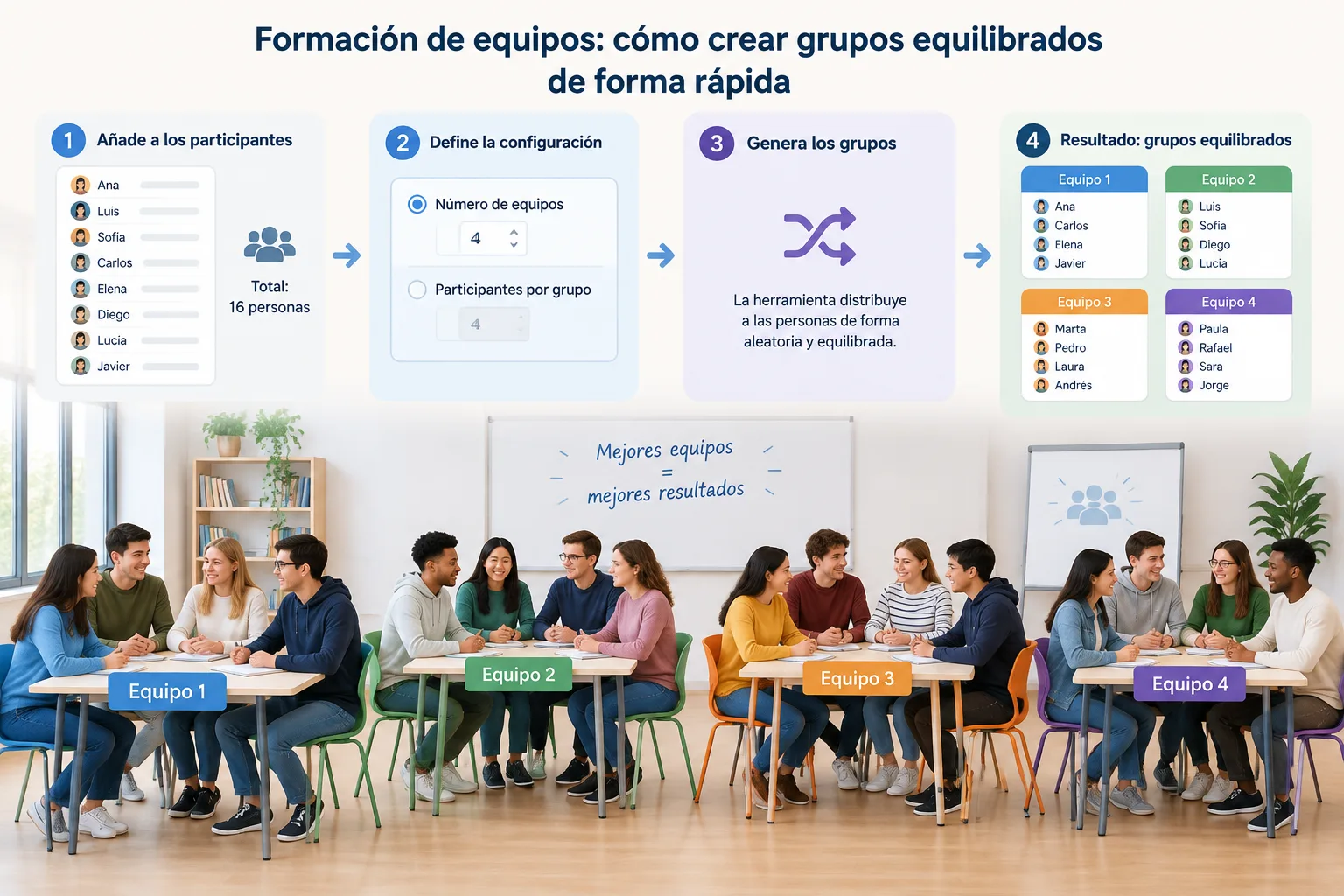 Diagrama educativo que muestra participantes distribuidos en varios equipos equilibrados mediante un
