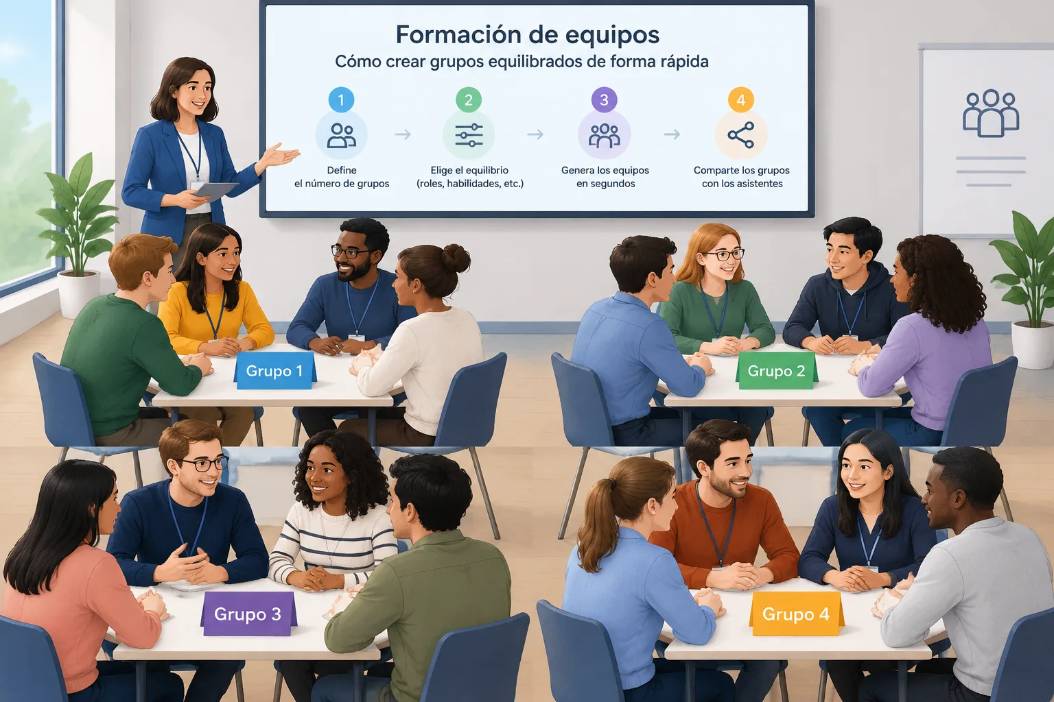 Ilustración de taller profesional con grupos pequeños organizados en una cuadrícula equilibrada