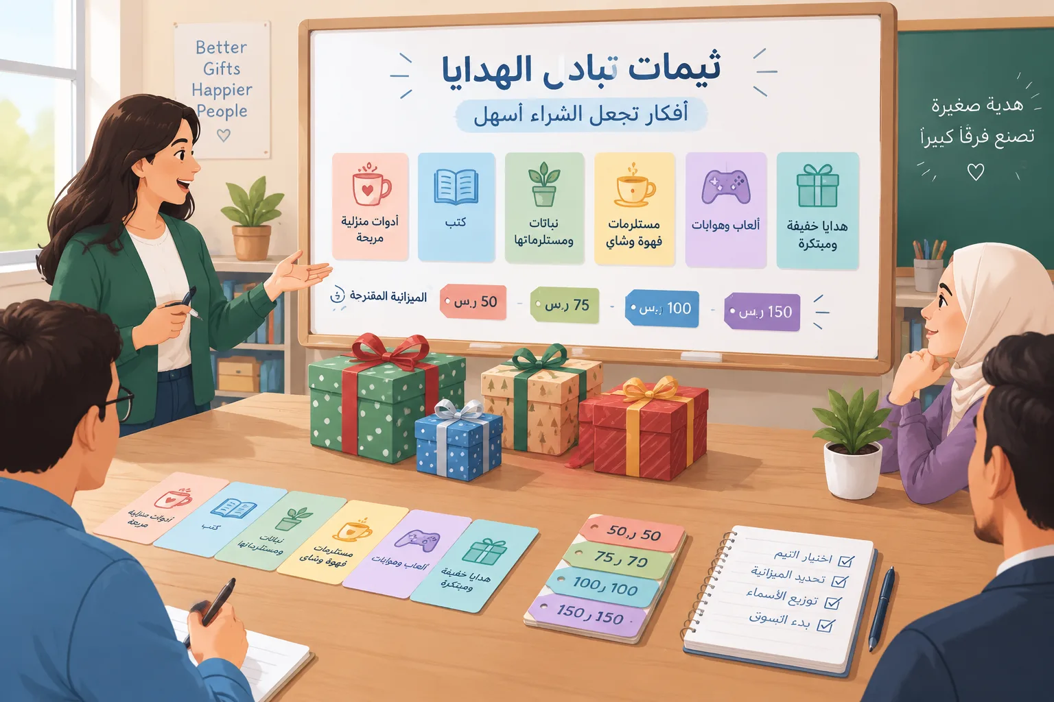 Flat instructional illustration of a gift exchange theme board