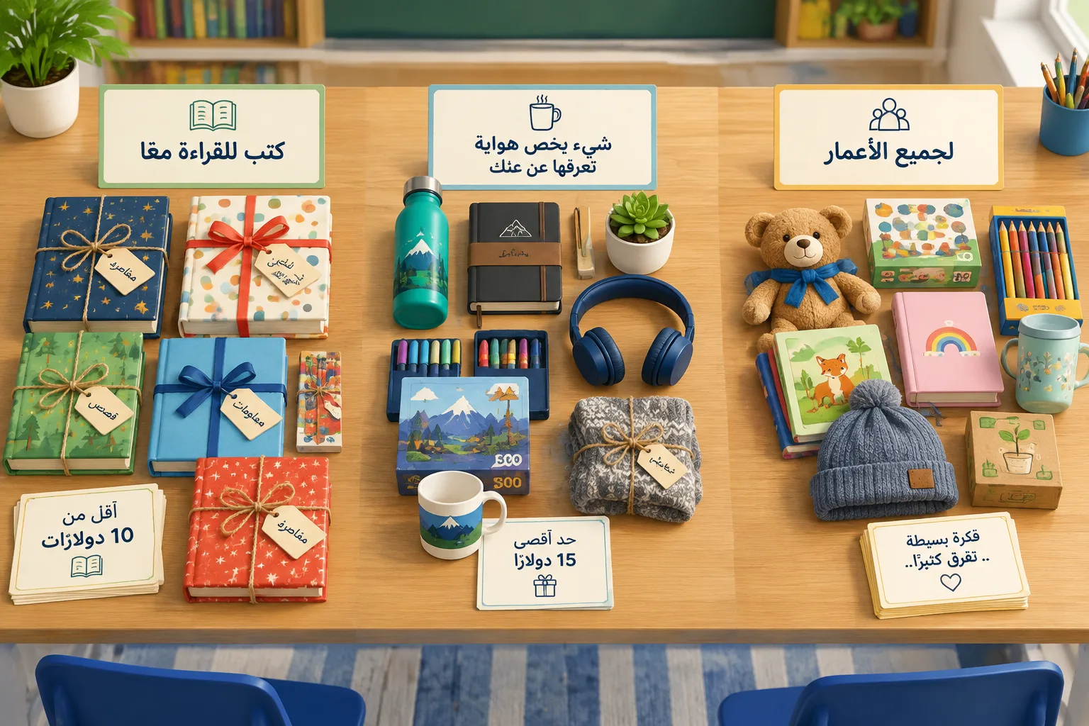 Clean overhead illustration of a classroom gift exchange table