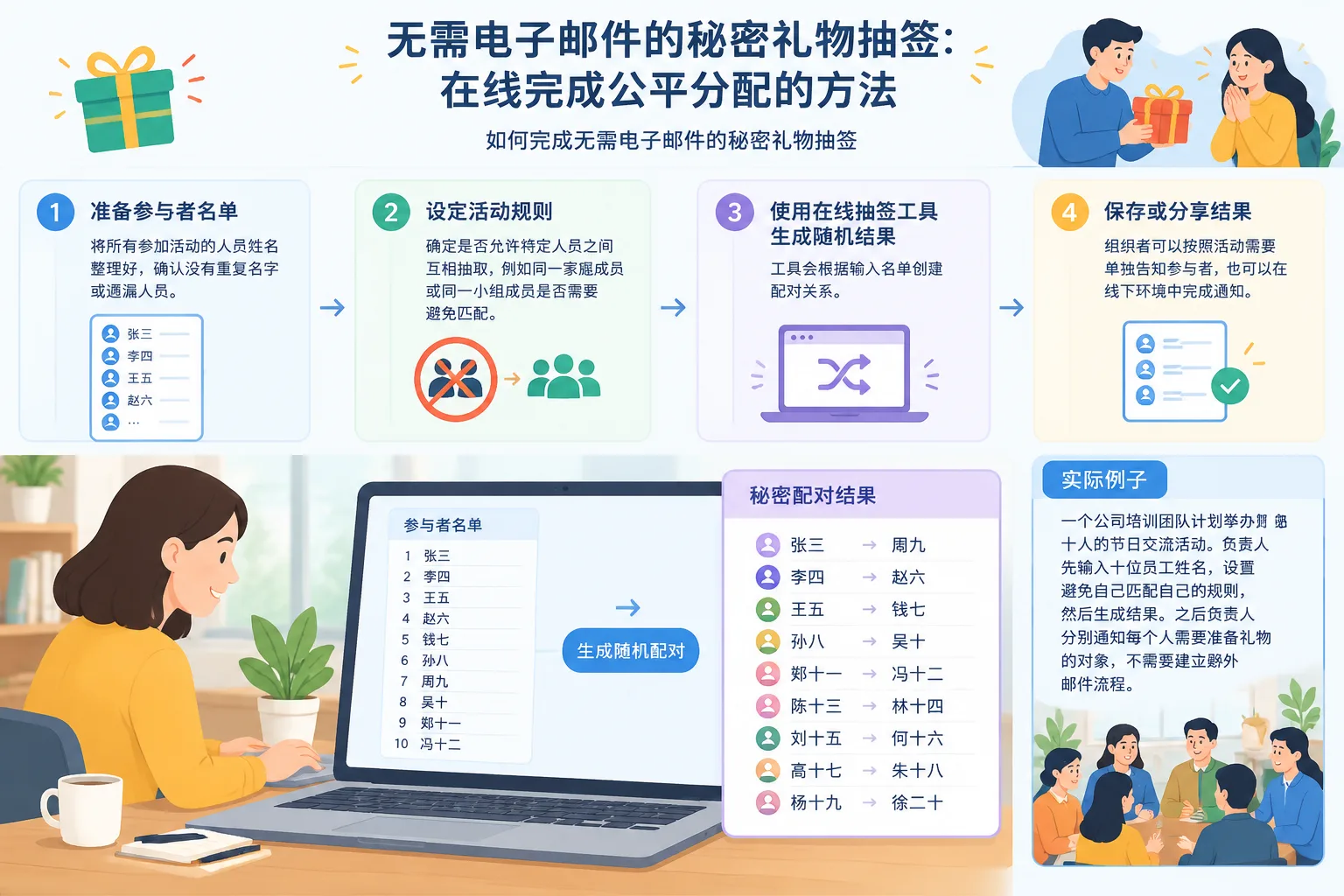 在线随机匹配工具的教学插图，显示姓名列表转换为秘密配对结果