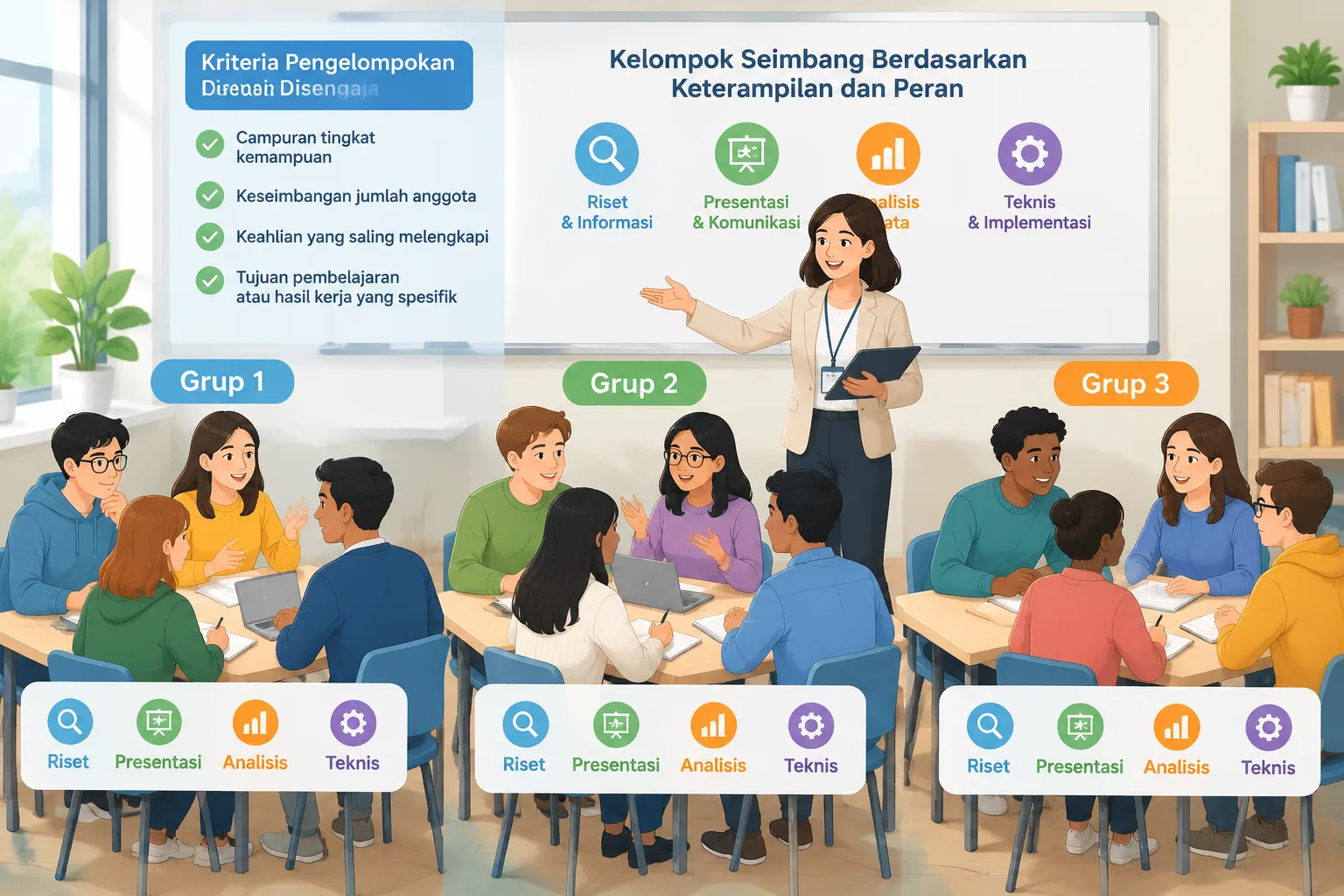 instructional illustration showing a facilitator arranging balanced groups based on skills and roles