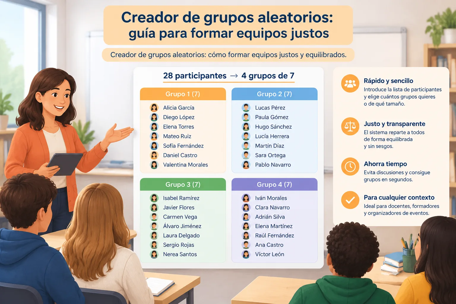 Diagrama limpio de una lista de 28 nombres repartida en cuatro grupos equilibrados de siete personas