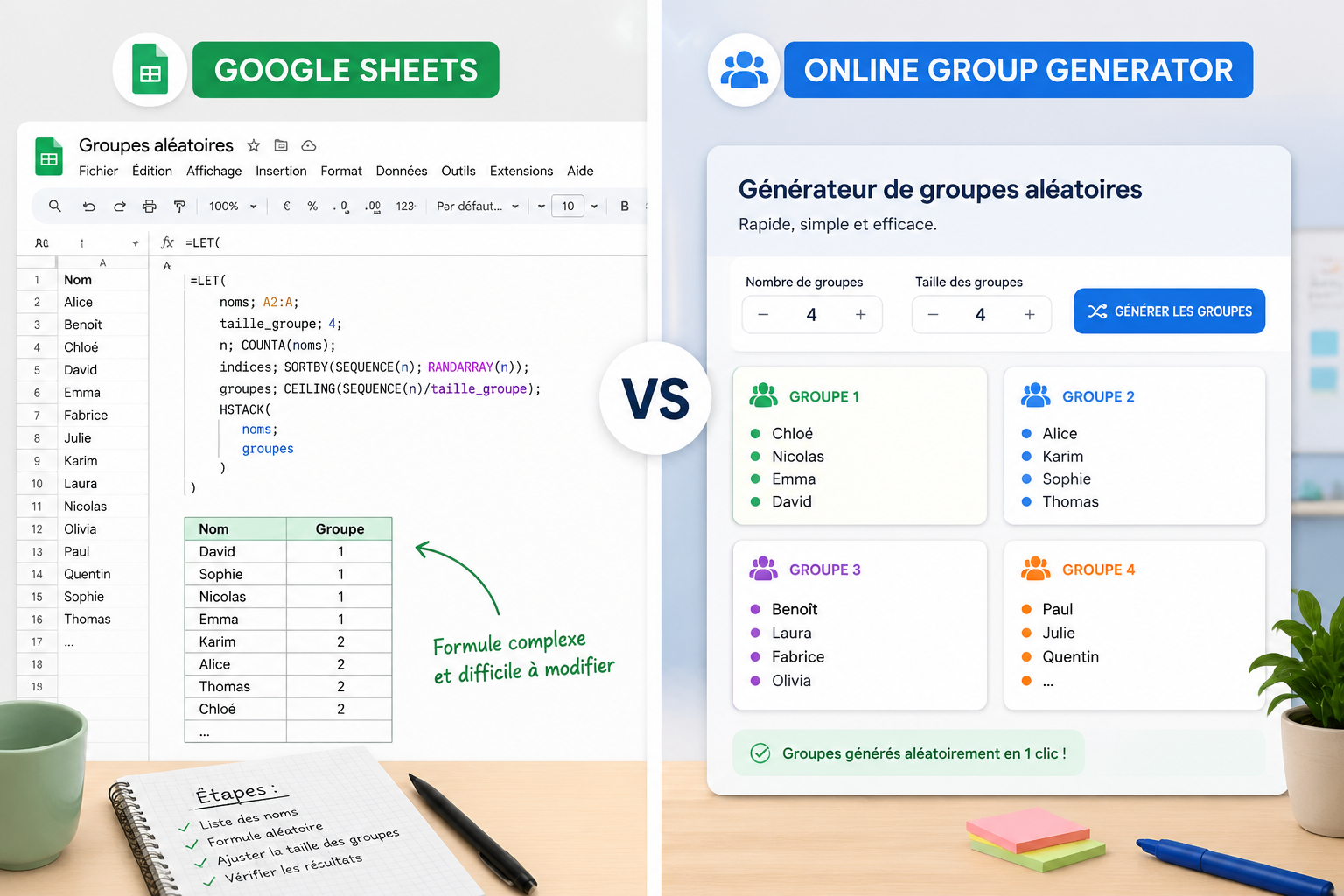 Split screen illustration showing a Google Sheets spreadsheet on the left with a complex formula for random groups, and a clean online group generator interface on the right with a simple button and a list of names neatly arranged into groups. The contrast highlights simplicity vs complexity.