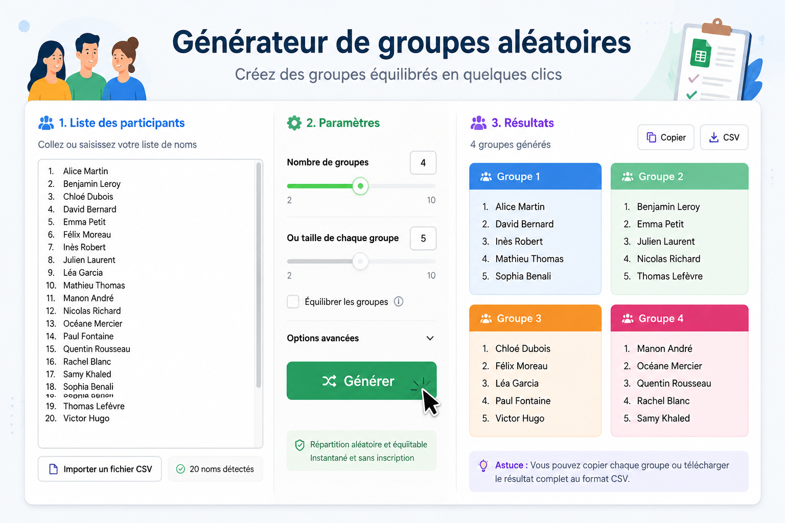 A clean interface of the online group generator showing a list of 20 names pasted on the left, a slider set to 4 groups, and the generated result on the right with colorful group boxes. A cursor hovers over the “Generate” button.