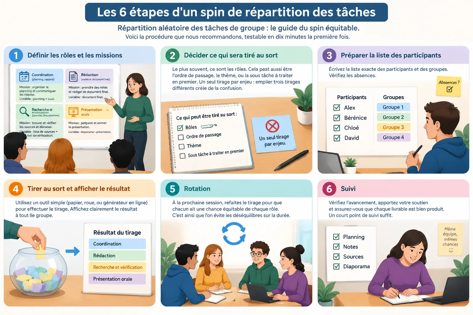 Schéma en six étapes montrant définition des rôles