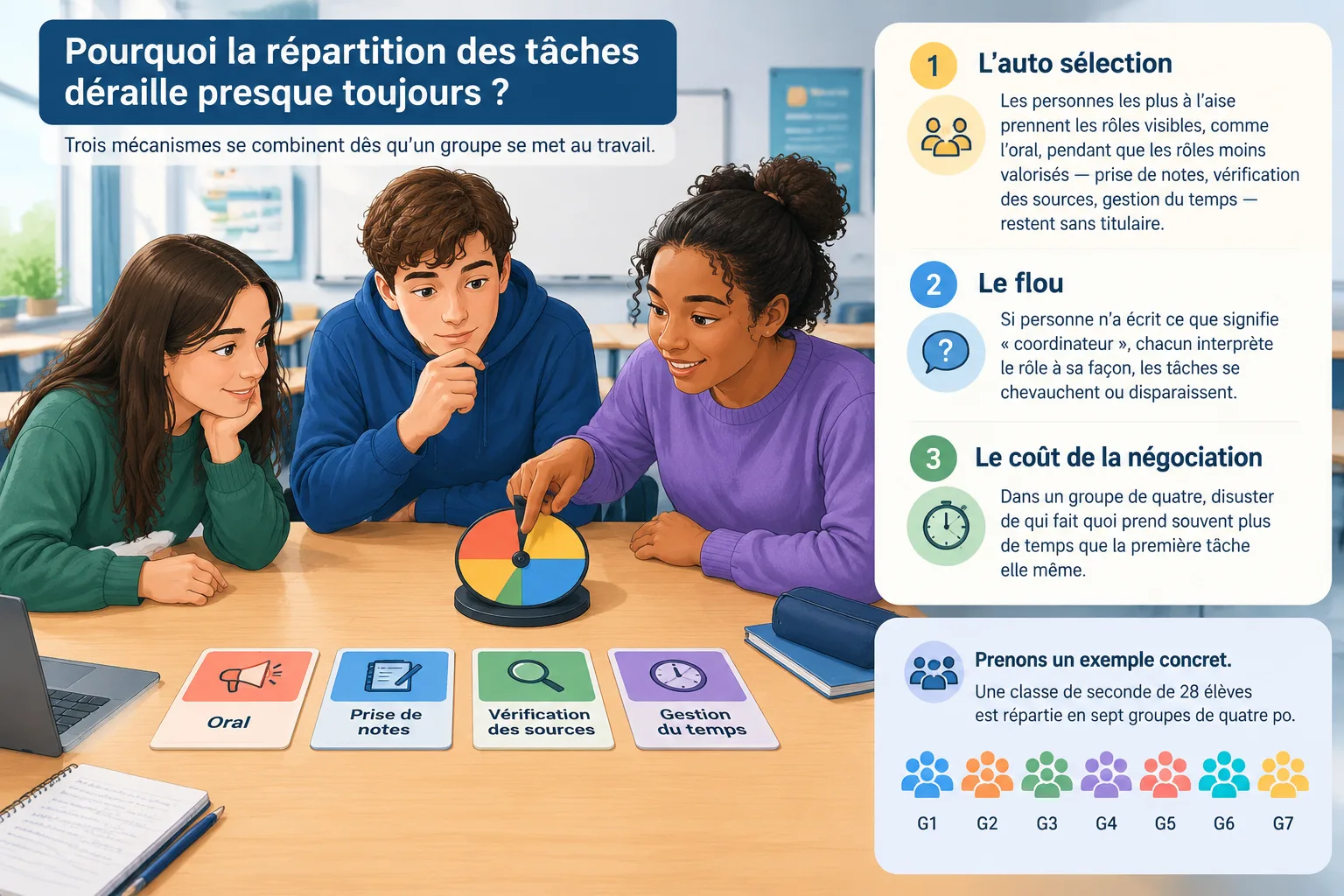 Trois élèves autour d'une table regardant quatre cartes de rôles et une roue simple qui en désigne u