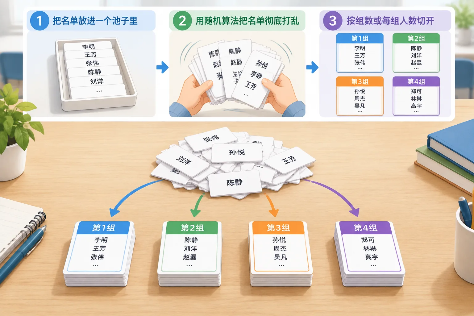Clean instructional illustration of name cards being shuffled and fanning out into four even groups
