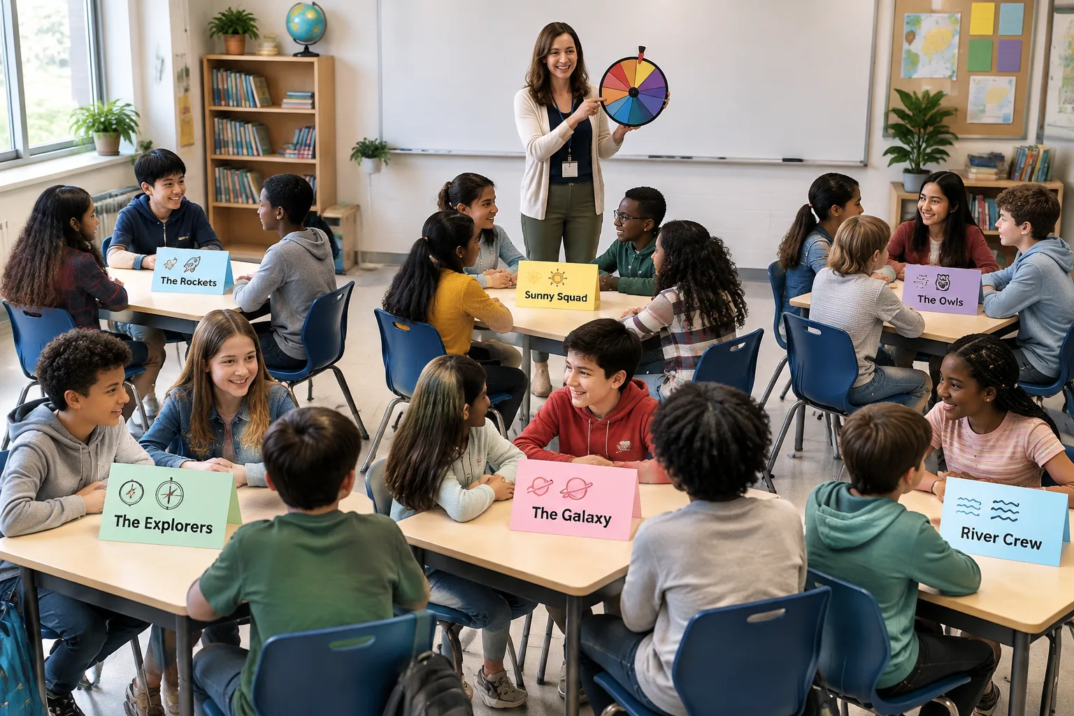 Clean instructional illustration of six classroom tables