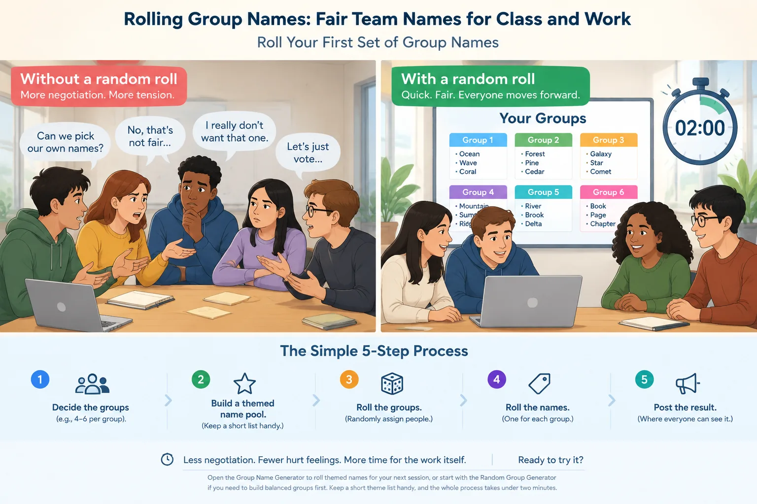 Simple instructional graphic comparing a chaotic name debate on the left