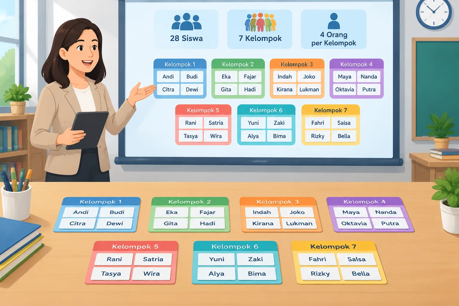 Illustration of 28 name cards split into seven small groups of four on a clean classroom desk layout