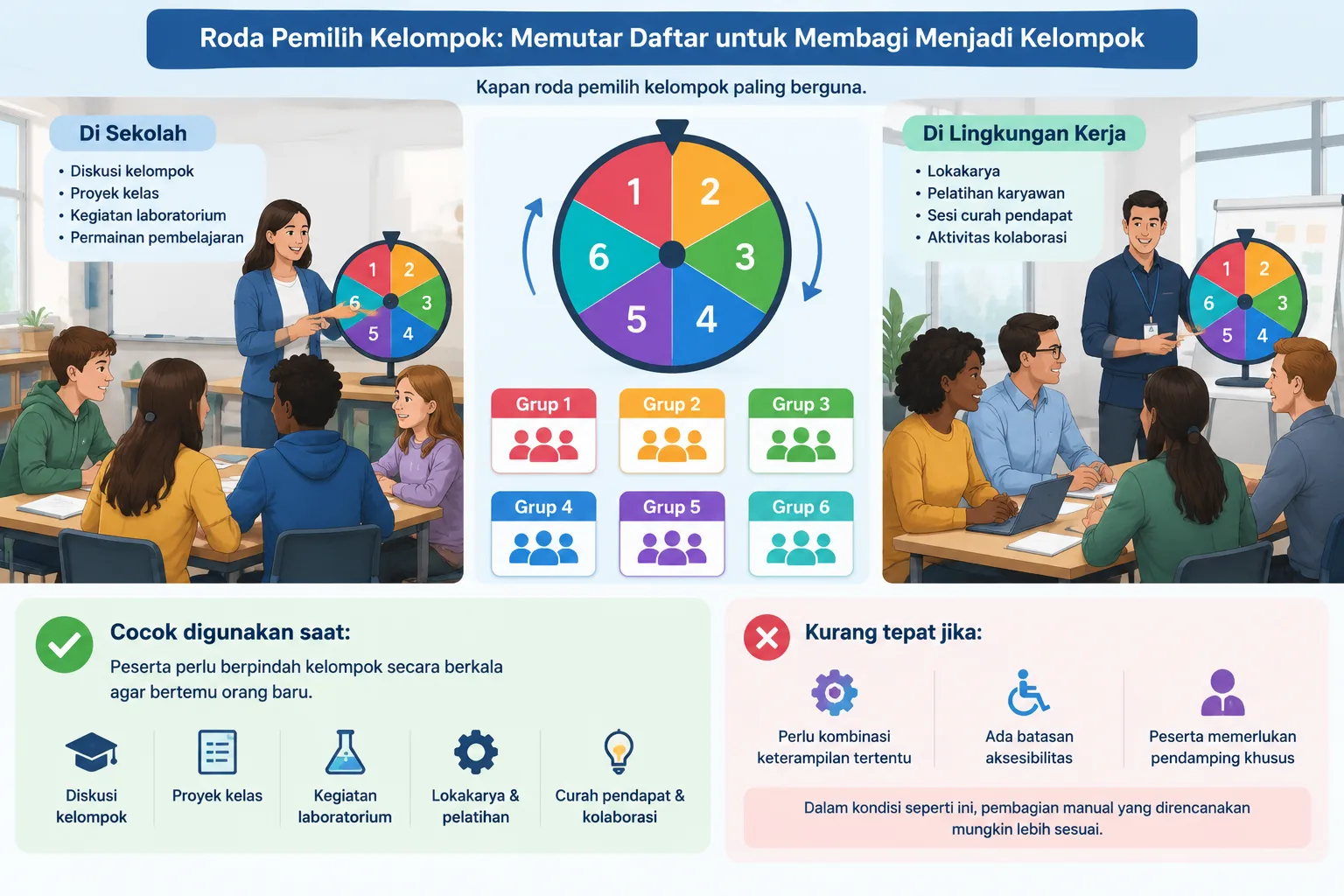 Instructional illustration of a classroom and workplace workshop using balanced random group assignm