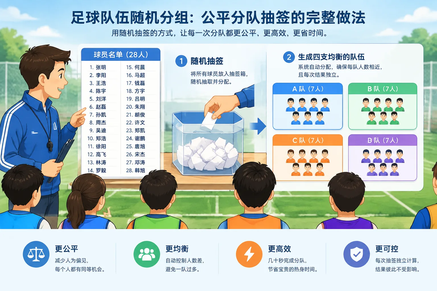 A clean instructional illustration of a soccer team list being split into four balanced groups