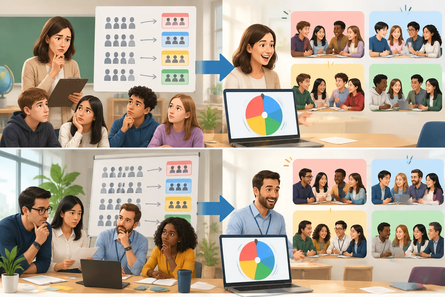 neutral workflow illustration comparing manual group selection with a faster random grouping process