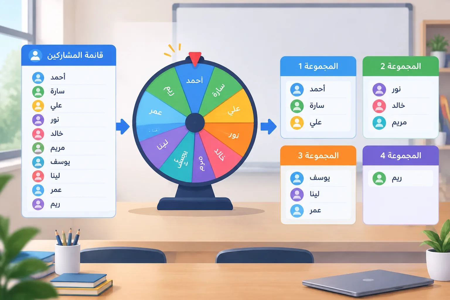 simple diagram showing names entering a random selection wheel and becoming multiple balanced groups