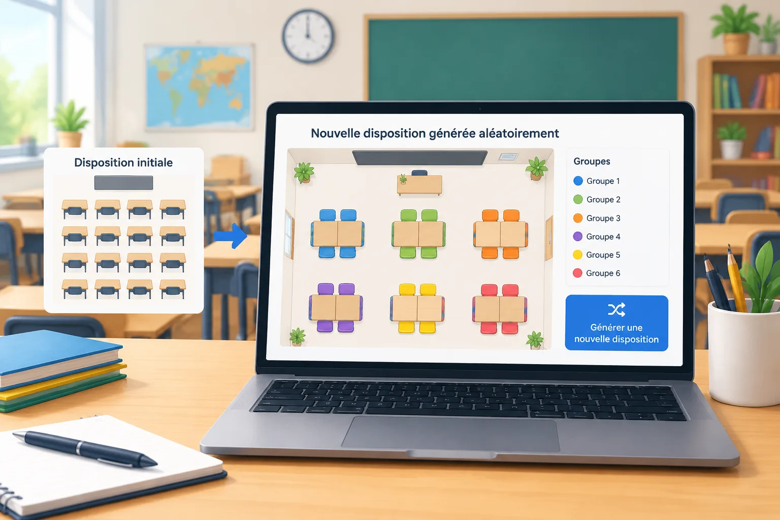 illustration pédagogique montrant une grille de plan de classe avec des groupes de sièges réorganisé