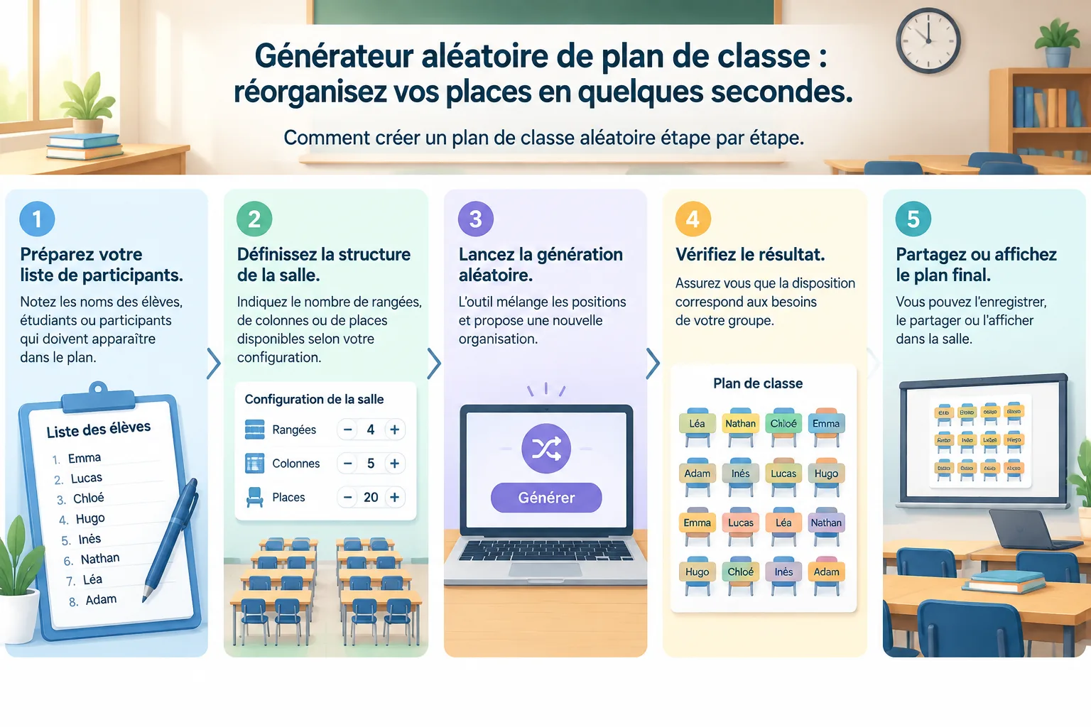 schéma simple expliquant les étapes liste des élèves configuration génération vérification affichage