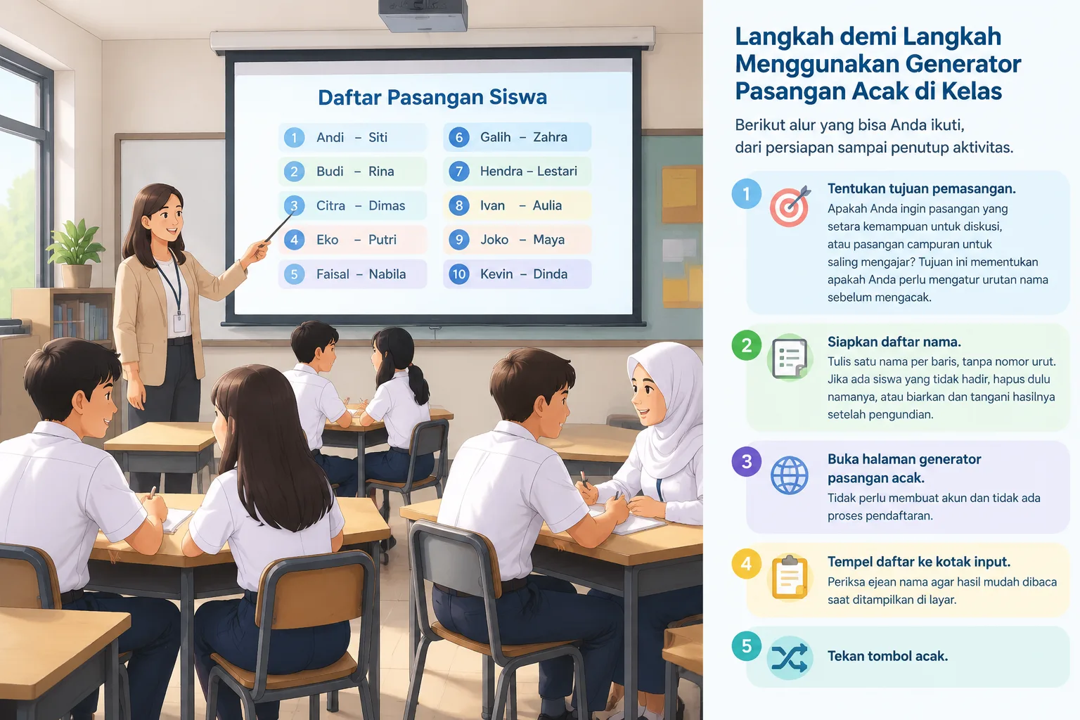 Ilustrasi ruang kelas dengan layar proyektor menampilkan daftar pasangan siswa