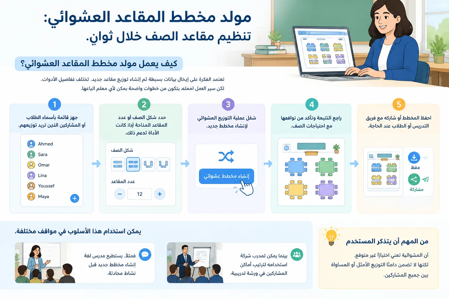 رسم توضيحي لخطوات إدخال أسماء ثم إنشاء مخطط مقاعد ثم مراجعة النتيجة