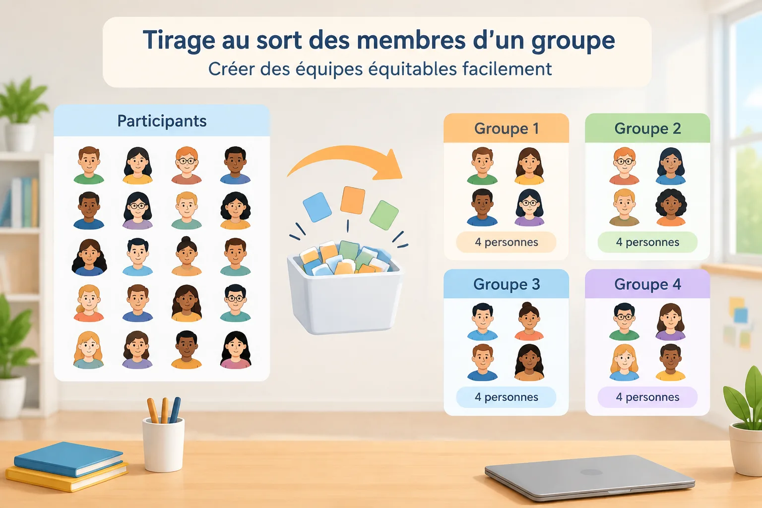 Illustration pédagogique montrant une grille de participants répartis en plusieurs groupes équilibré