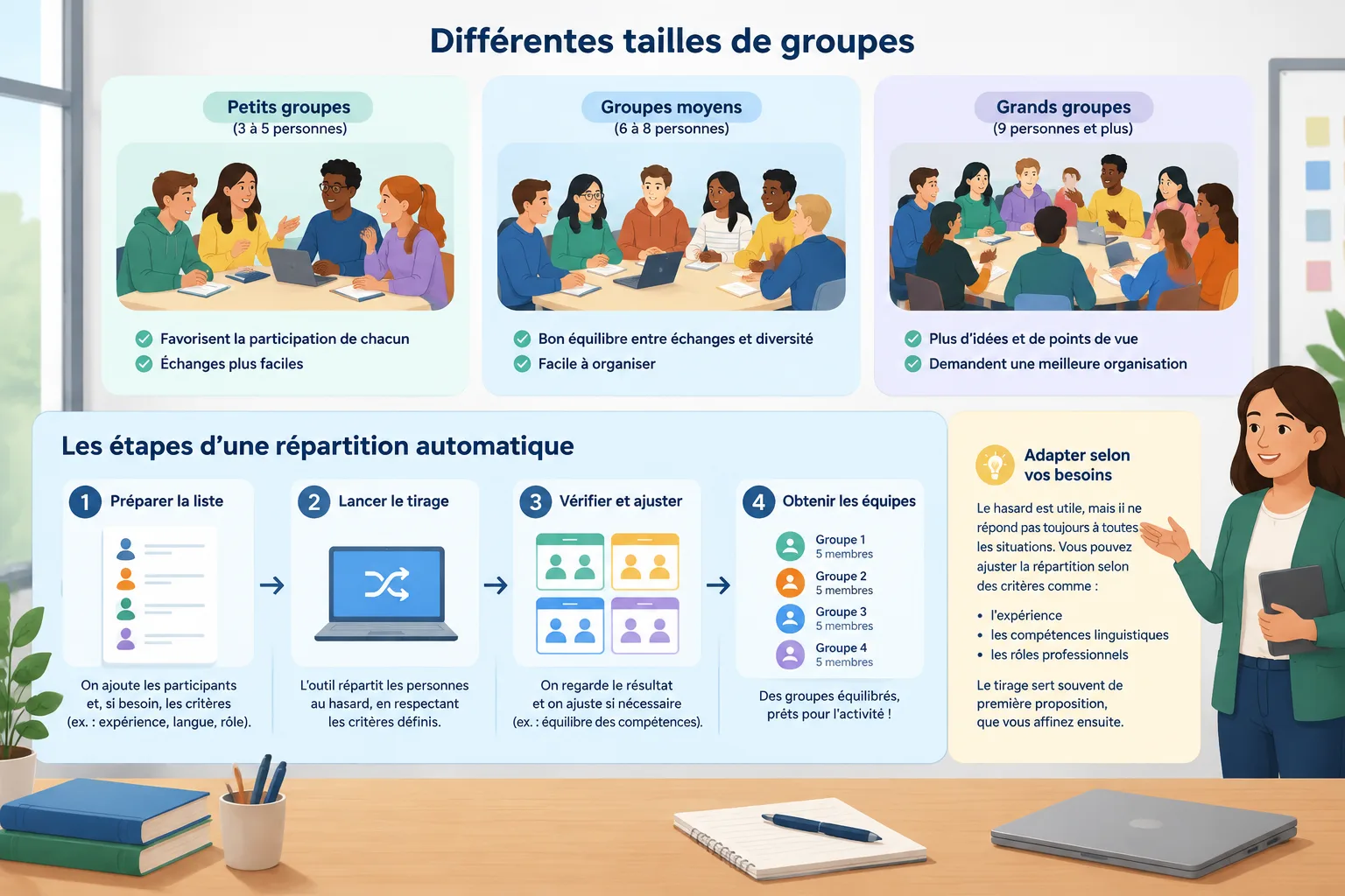 Diagramme simple montrant plusieurs tailles de groupes et les étapes d'une répartition automatique